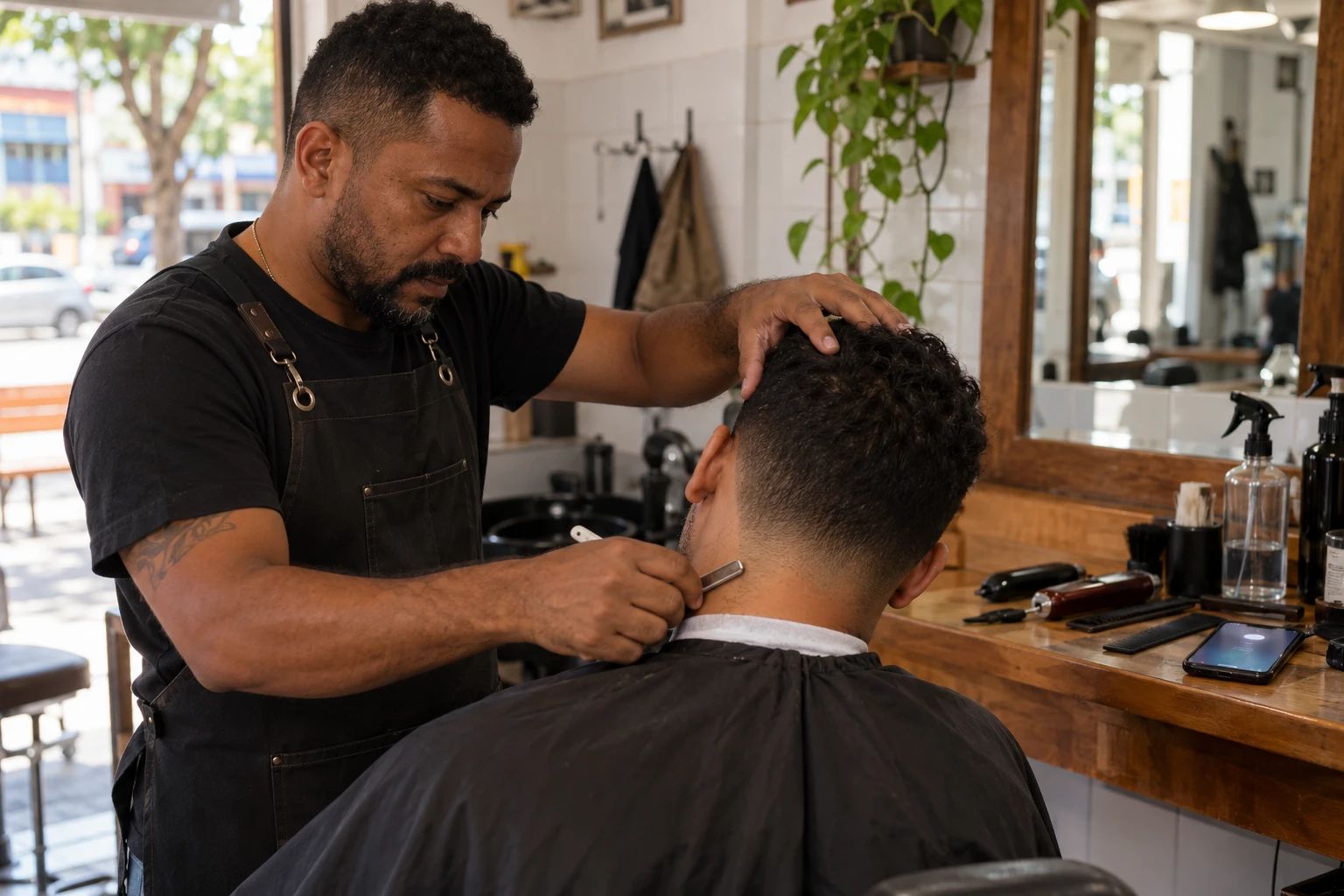 Barbeiro fazendo o acabamento de um corte com navalha; na bancada, o celular apoiado com a tela acesa.